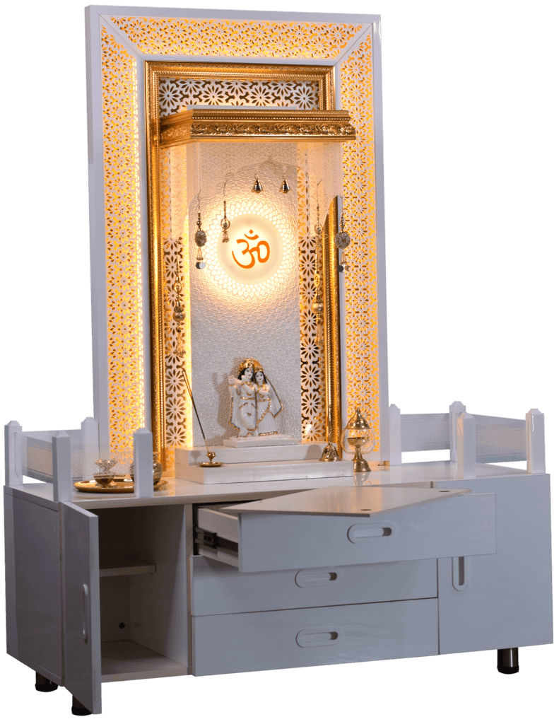 5' White Gloss Mandir with wide cabinet - The Mandir Store
