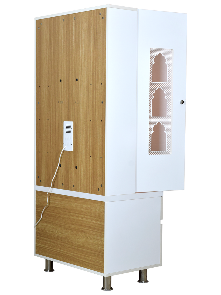 Premium White Finish Wooden Pooja Mandir Rear View Detail - 5ft x 2ft Hindu Temple | Back Side View Showing Tall Cabinet with Wooden Panel, White Side Finish, Professional Construction | Quality Home Altar for Hindu Worship USA