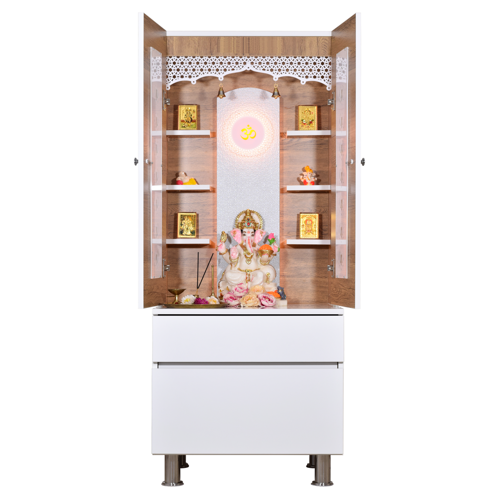 Wooden pooja mandir front view with illuminated LED lights showcasing deity idols and decorative items