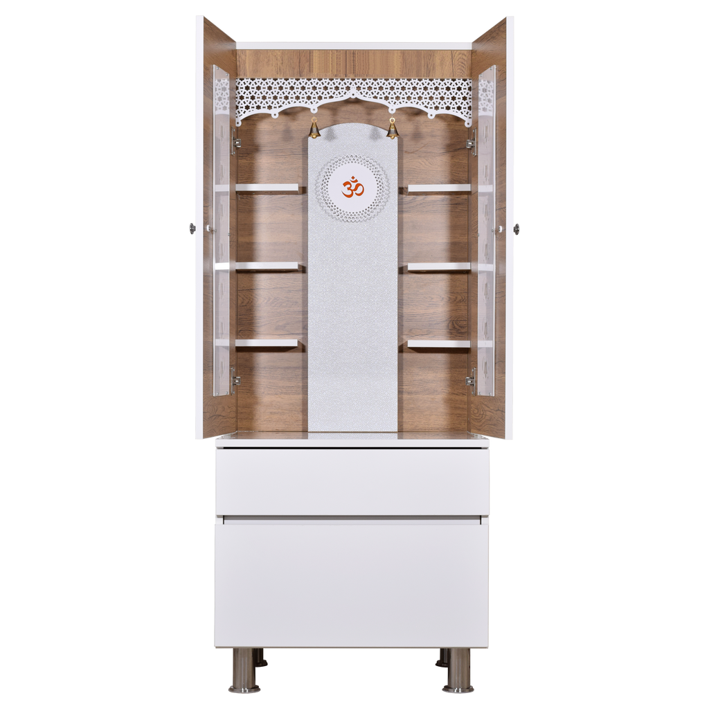 Front view of wooden pooja mandir with sacred Om symbol display in center white panel, shelves for religious idols and sacred items