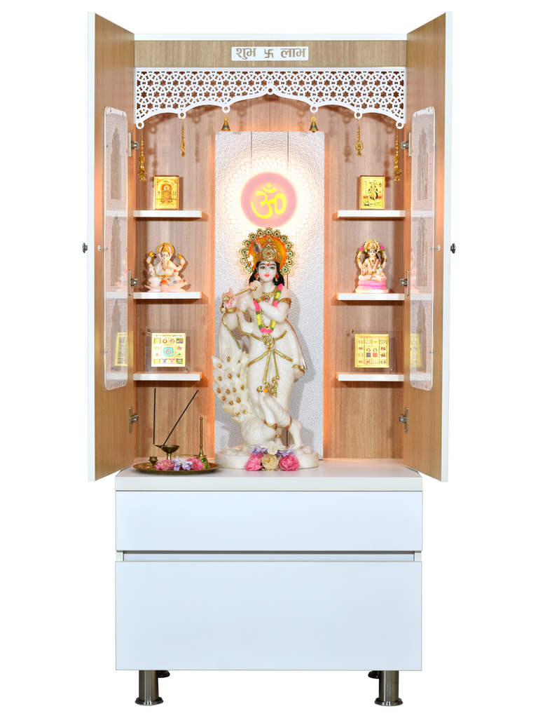 Premium White Finish Wooden Pooja Mandir with Doors - 5 feet x 2 feet Front View | Handcrafted Hindu Temple for Home Altar with LED Lighting, Idols Display, Decorative Bells | Traditional Indian Prayer Room Furniture with Storage