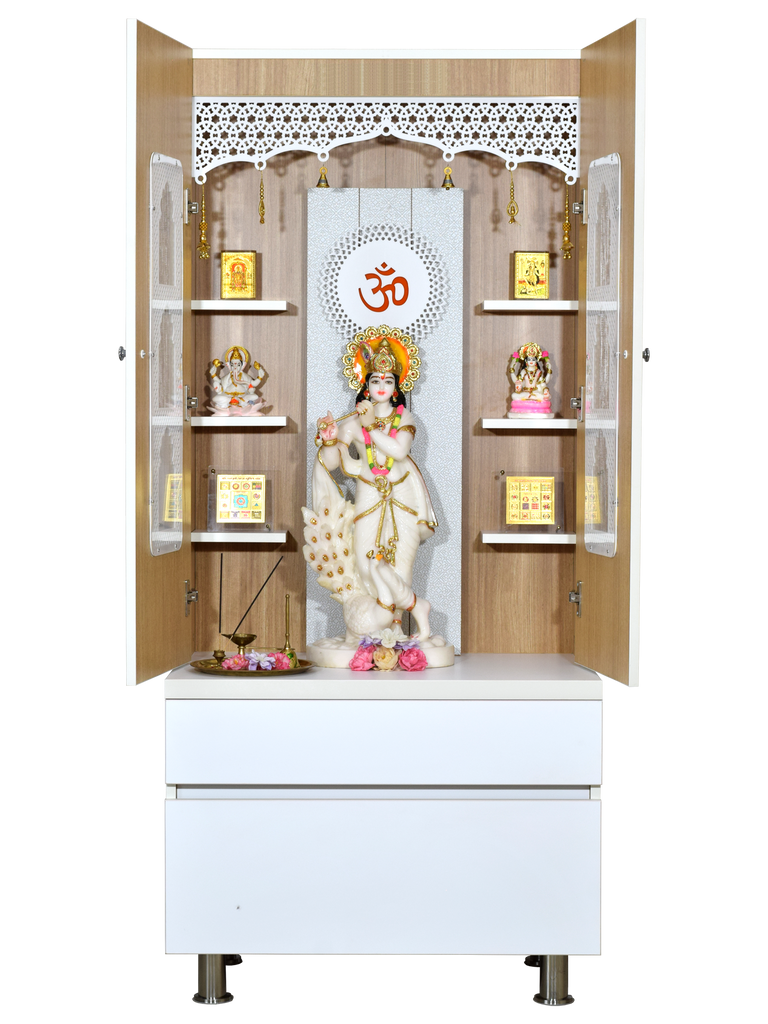 Front view of premium white wooden mandir with Om symbol display, deity idol, wooden shelves, closed doors, and traditional home temple design
