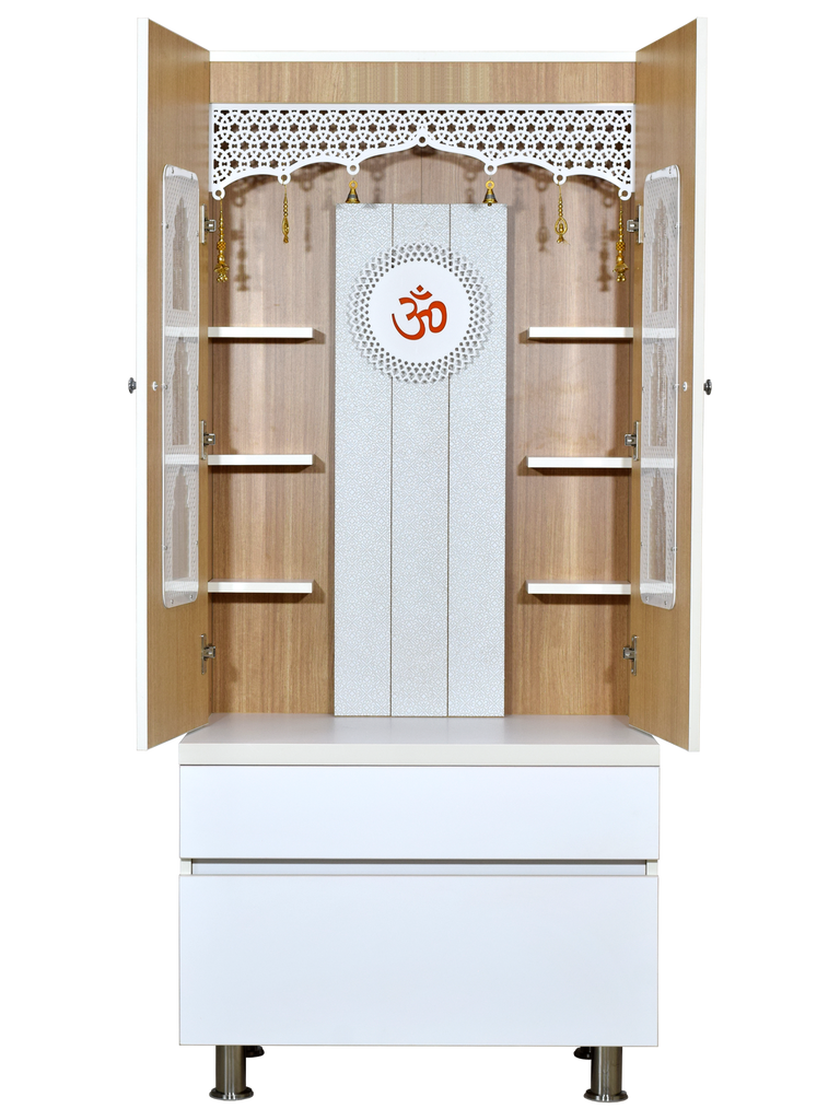 Front view of premium white wooden mandir with Om symbol center panel, wooden side shelves, traditional home pooja temple altar design