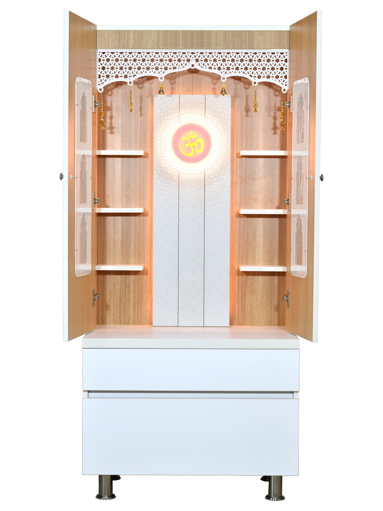 Front view of premium white wooden mandir with open doors, illuminated teak wood shelves, center deity idol, and multi-compartment storage
