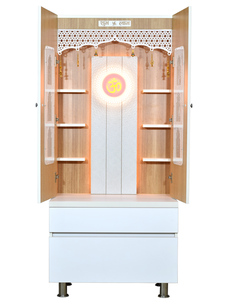 Premium White Finish Wooden Pooja Mandir Front View with Lights and OM Symbol - 5ft x 2ft Hindu Temple | Elegant Open Cabinet with Sacred OM Mantra, LED Lighting Detail, Traditional Hindu Symbol | Spiritual Home Altar with Authentic Temple Design