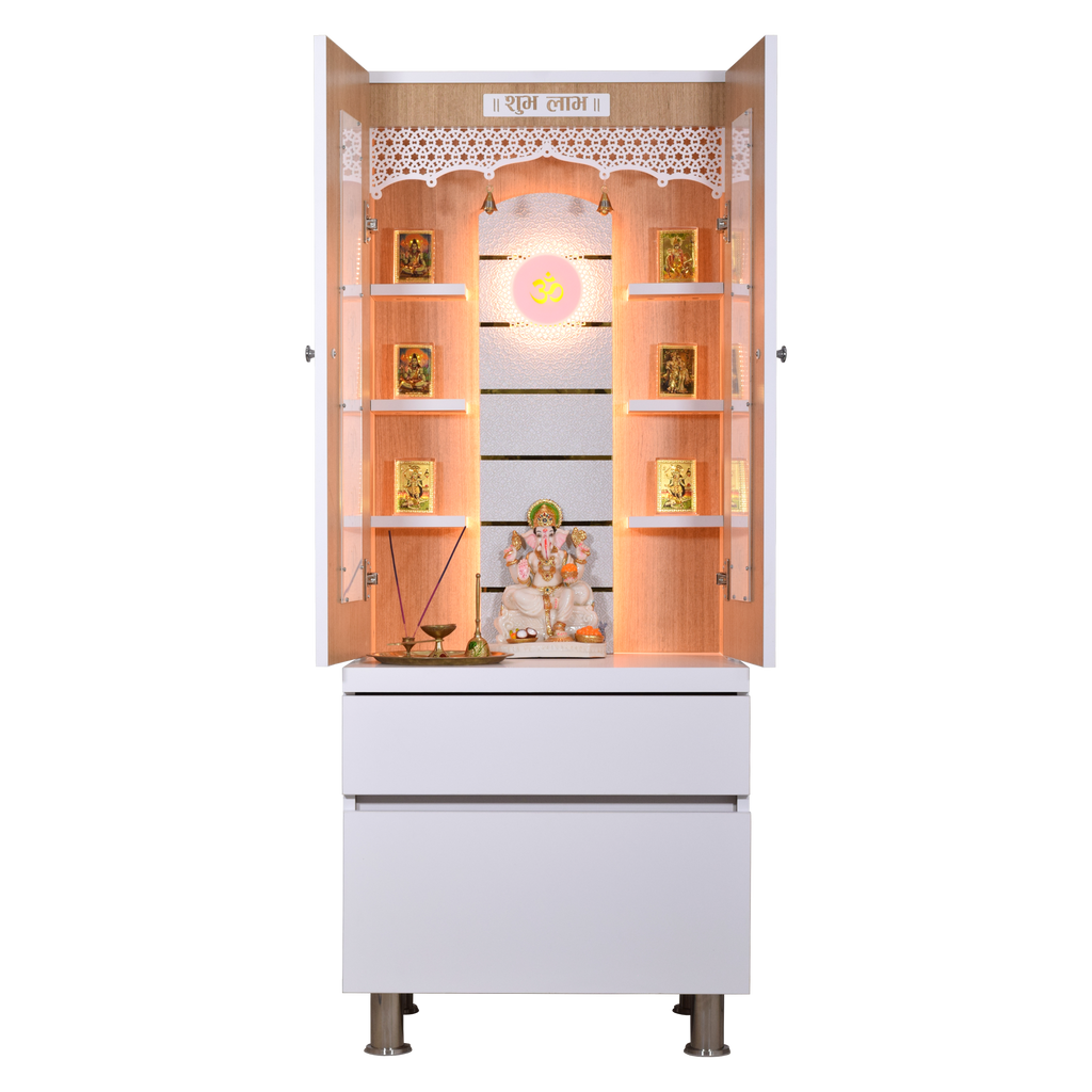 5 foot by 2 foot premium white finish wooden mandir with doors open front view LED lights Hindu religious statues decorations home temple pooja room worship altar spiritual furniture sacred space traditional design divine display