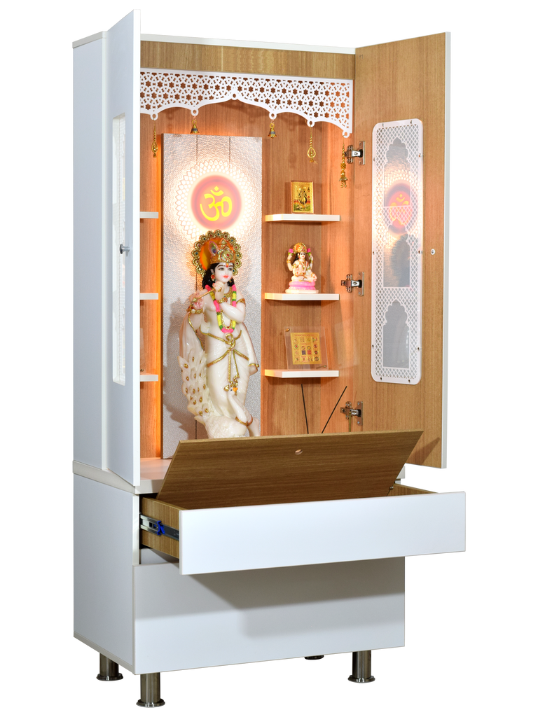 Interior storage drawer of premium white wooden mandir with extended tray compartment and space for puja essentials and items