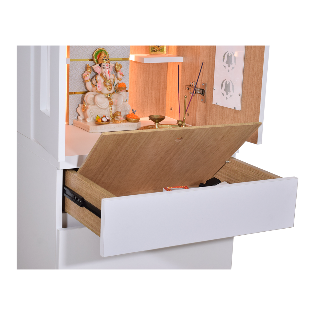 5 foot by 2 foot premium white finish wooden mandir inside drawer storage view religious statues items Hindu home temple pooja room worship altar organization compartment ritual essentials traditional spiritual furniture functional design sacred items