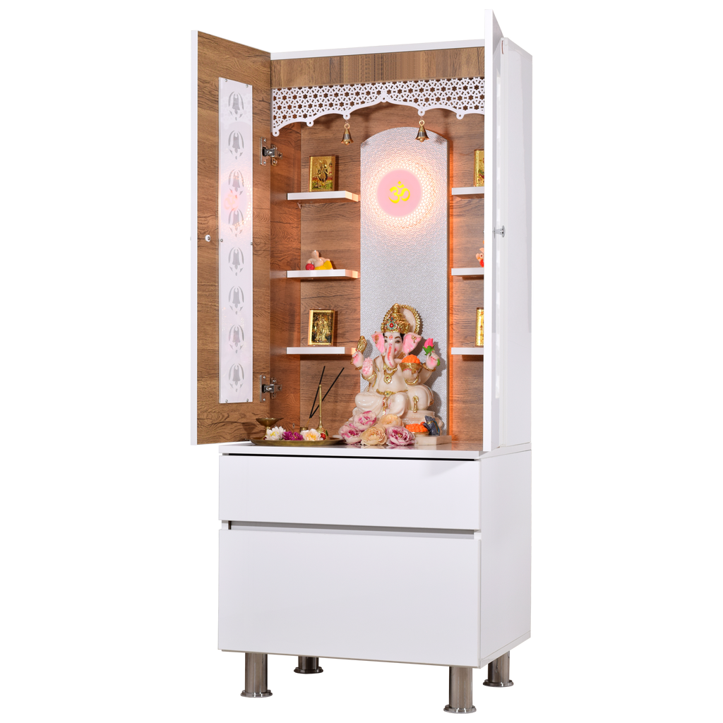 Left side view of wooden pooja mandir with teak finish showcasing open shelves, interior lighting, and storage compartments