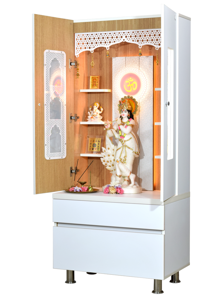 Left side view of premium white wooden mandir with open door, illuminated wooden shelves, deity idol display, and teak wood interior