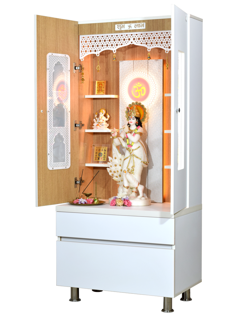 Premium White Finish Wooden Pooja Mandir Left Side View - 5ft x 2ft Hindu Temple with Doors | Handcrafted Home Altar with Intricate Jali Work, LED Lighting, Multiple Deity Display | Traditional Prayer Room Furniture USA