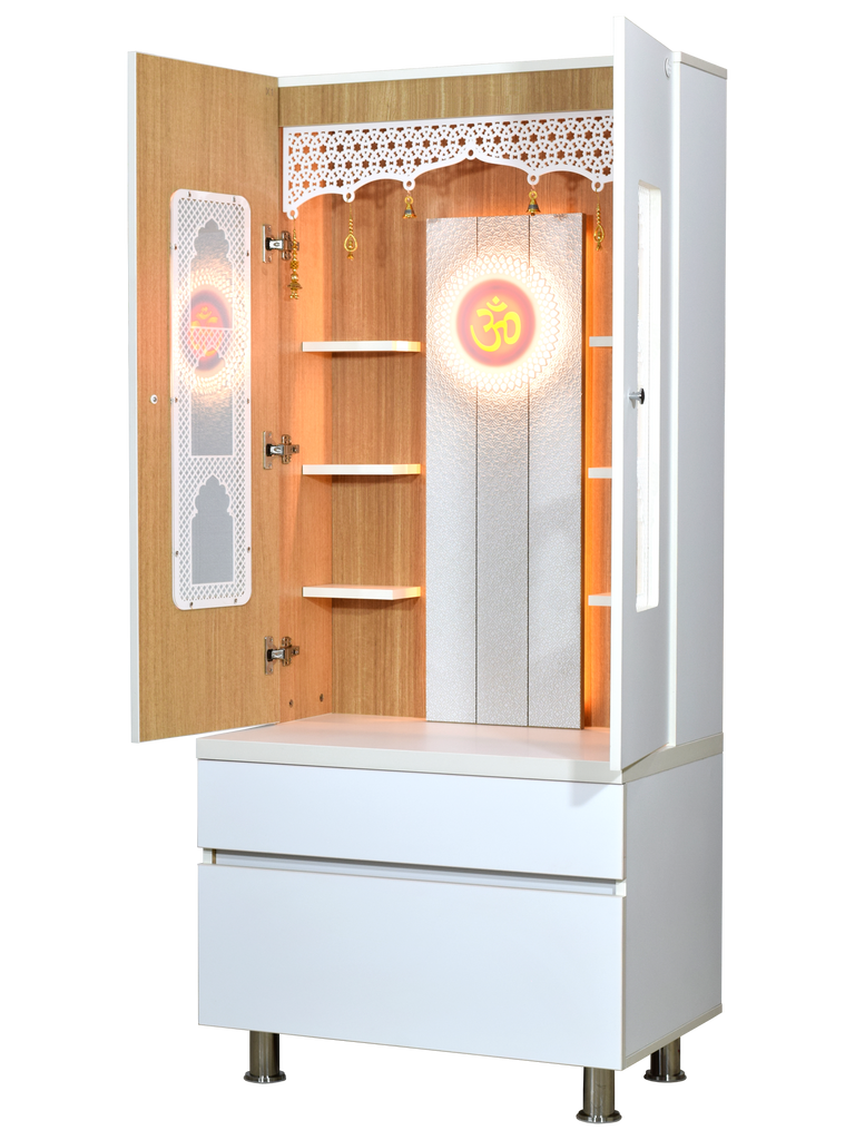 Left side view of premium white wooden mandir with open door, wooden shelves, teak interior, LED lighting, and deity idol display
