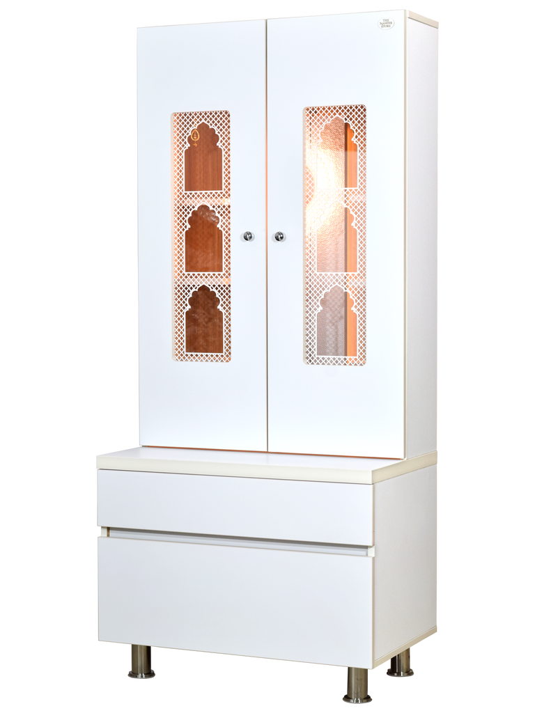 Premium White Finish Wooden Pooja Mandir with Closed Doors - 5ft x 2ft Left Side View | Elegant Hindu Temple Cabinet with Decorative Jali Panels, Protective Shutters for Home Worship | USA Shipping Available
