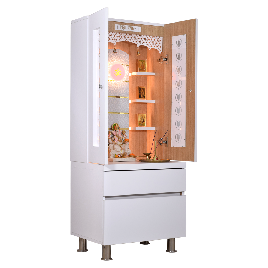 5 foot by 2 foot premium white finish wooden mandir left side angle view with open door LED lights Hindu home temple pooja room worship altar decorative items display spiritual furniture traditional design elegant showcase