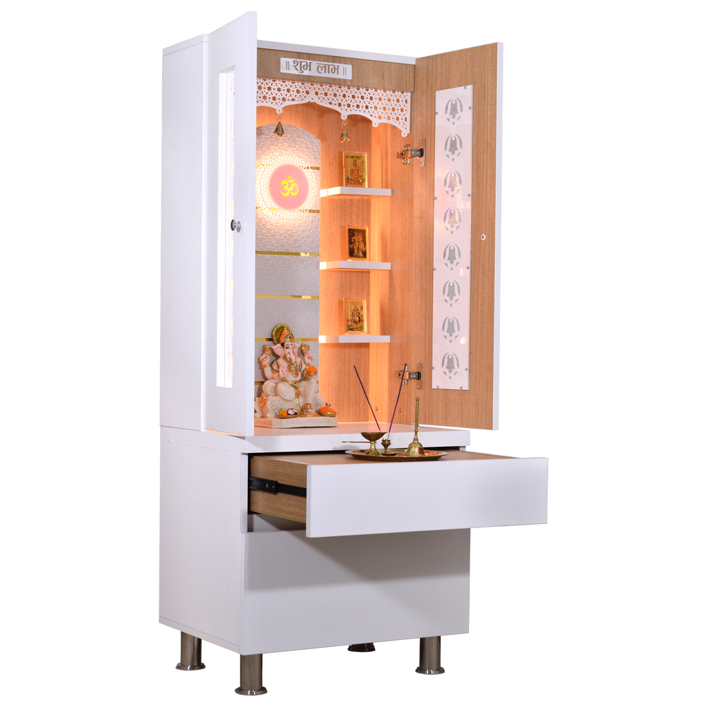 5 foot by 2 foot premium white finish wooden mandir left side view with thali plate on drawer LED lights Hindu home temple pooja room worship altar ritual essentials decorative display spiritual furniture traditional design modern craftsmanship sacred offerings