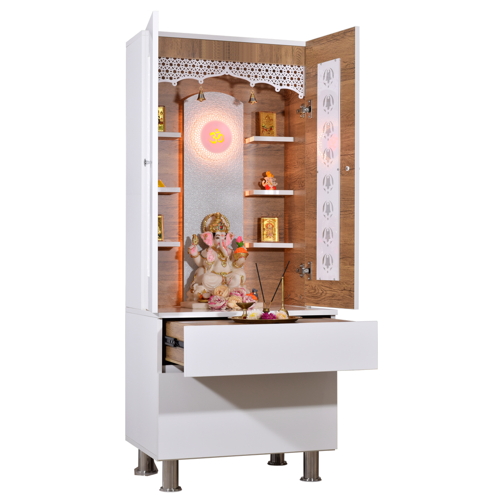 Right side view of wooden pooja mandir with extended drawer tray displaying puja plates and serving space for prayer items