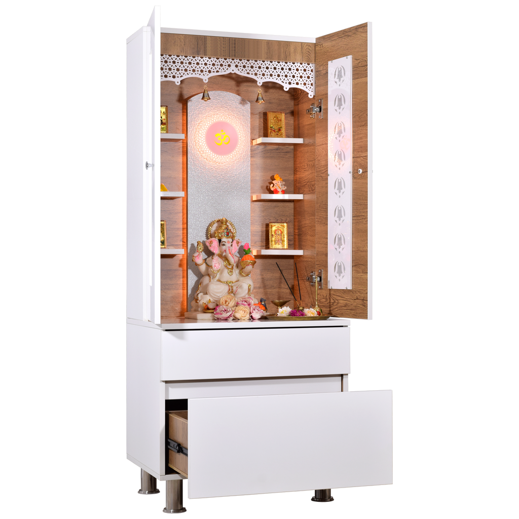 Right side view of wooden pooja mandir showing lower secondary drawer compartment with full access to storage space and drawer organization