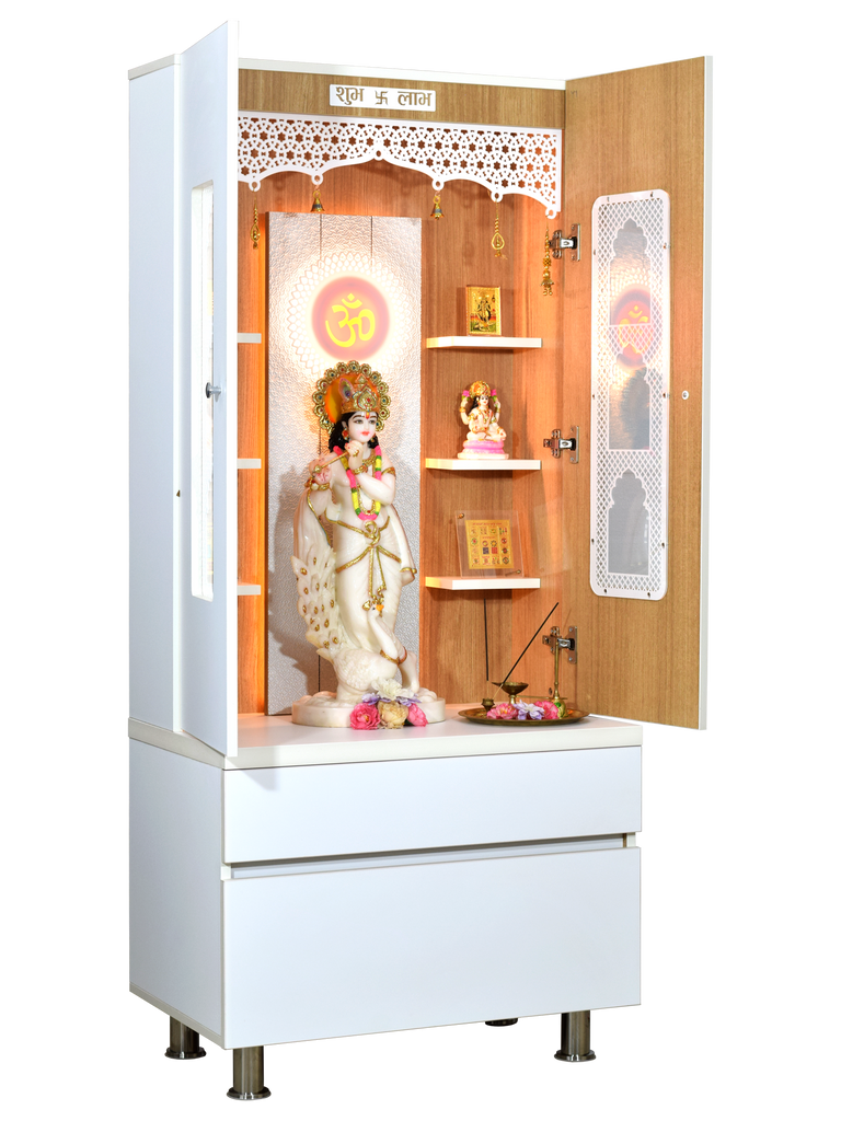 Premium White Finish Wooden Pooja Mandir Right Side View - 5ft x 2ft Hindu Temple with Doors | Handcrafted Home Altar with Illuminated LED Lighting, Traditional Deity Display | Elegant Indian Prayer Cabinet for Home Worship