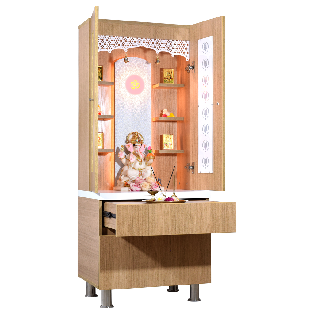 Right side view of natural teak wooden mandir with open doors, extended drawer tray, and illuminated shelves for puja items