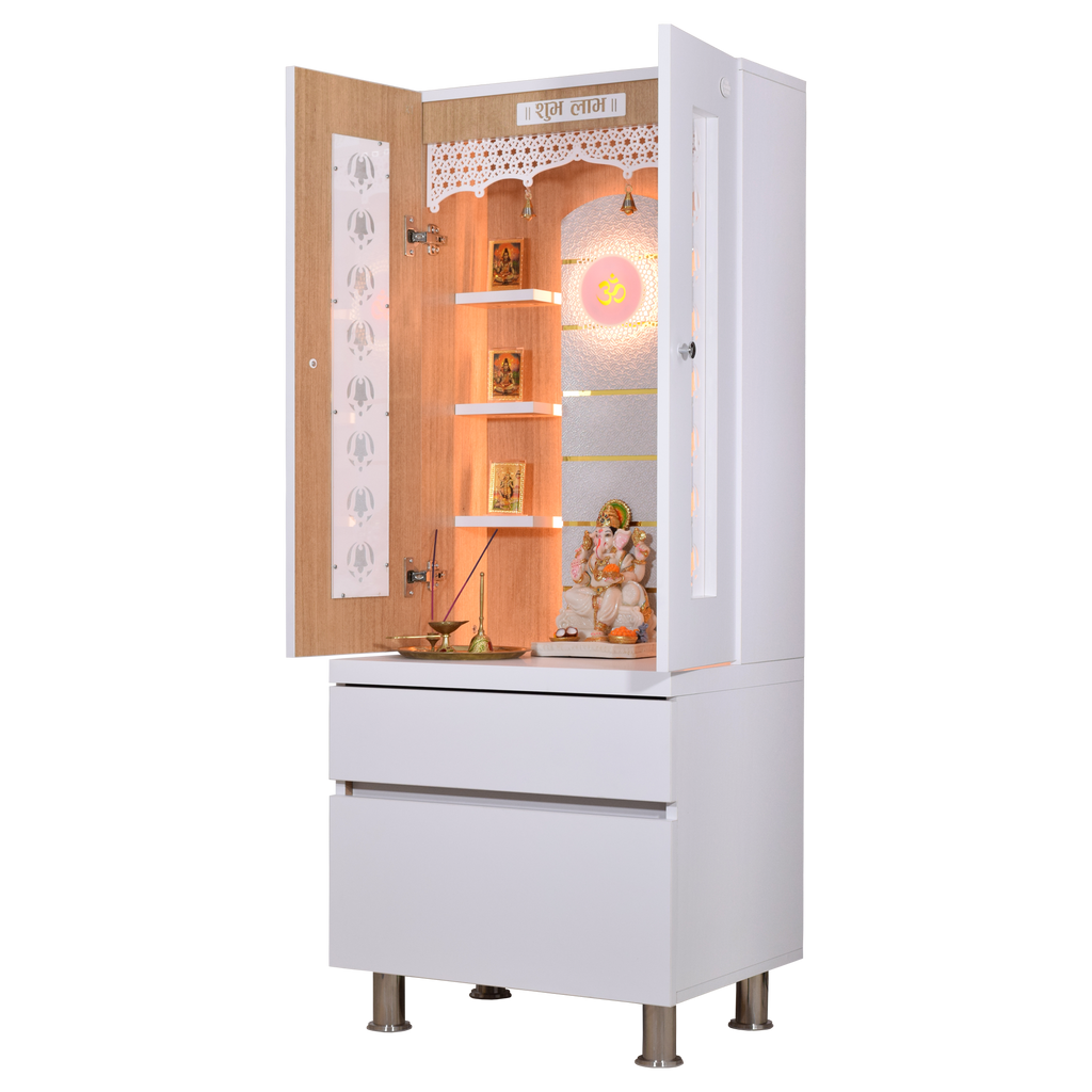 5 foot by 2 foot premium white finish wooden mandir right side view with open doors LED lights decorative items Hindu home temple pooja room worship altar display showcase spiritual furniture traditional design elegant religious statues
