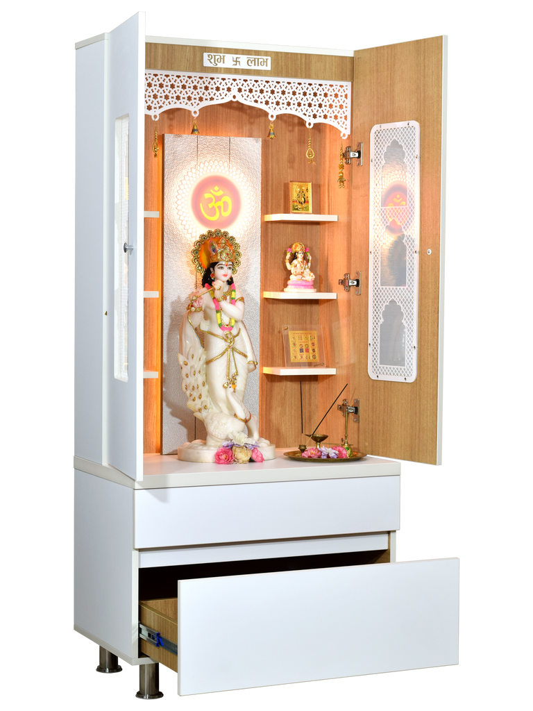 Premium White Finish Wooden Pooja Mandir Secondary Drawer Open - 5ft x 2ft Hindu Temple | Additional Storage Compartment with Religious Statues, Temple Decorations | Organized Pooja Room Storage for Sacred Items and Worship Accessories